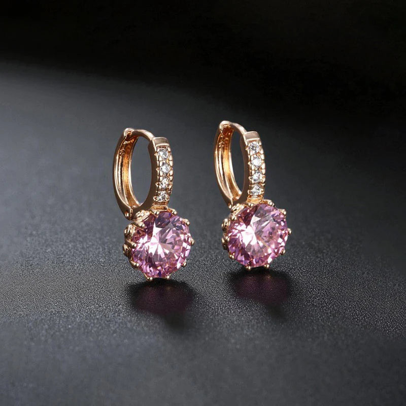 Pink Crystal Huggie Earrings | Rose Gold Finish, Sparkle Drop Design
