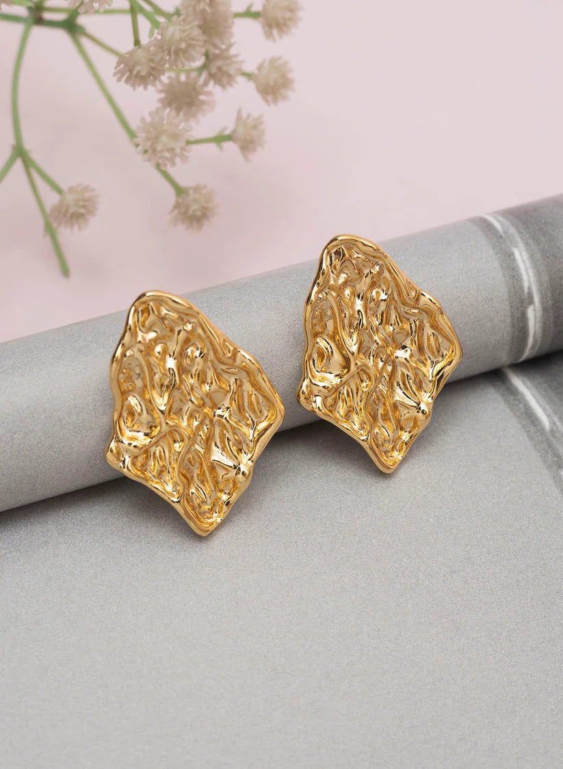 Gold Textured Abstract Stud Earrings | Sculptural Statement Design, Stainless Steel, Anti-Tarnish, Waterproof & Hypoallergenic