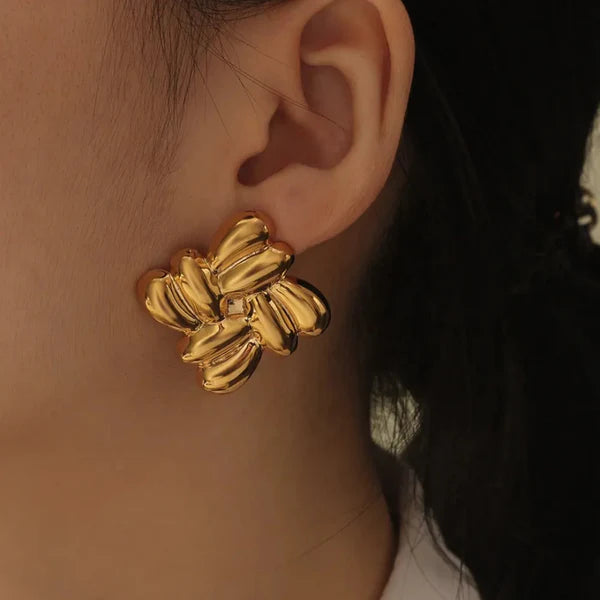 Gold Sculpted Floral Cluster Earrings | Bold Statement Design, Stainless Steel, Anti-Tarnish, Waterproof & Hypoallergenic