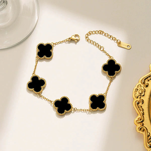 Stainless Steel Gold-Plated Black Clover Bracelet | Anti-Tarnish Elegant Jewelry for Girls & Women