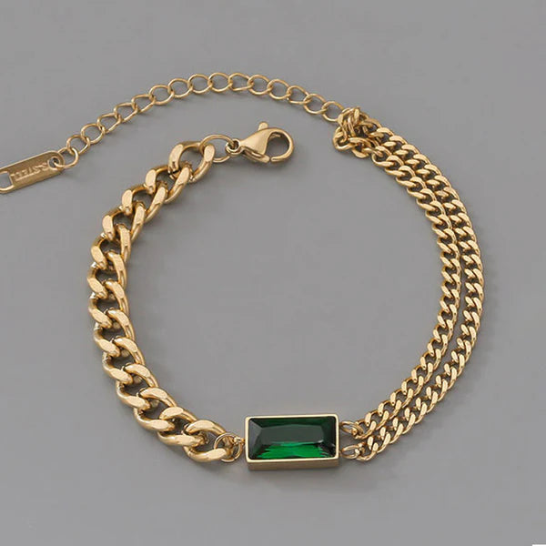 Gold-Plated Anti Tarnish Dual Chain Bracelet with Emerald Green Rectangular Stone
