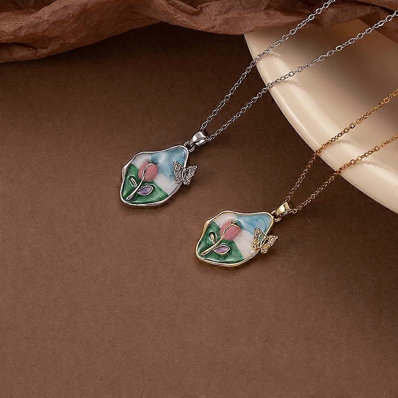 Pastel Bloom Enamel Pendant Necklace | Gold-Plated Artistic Floral Design