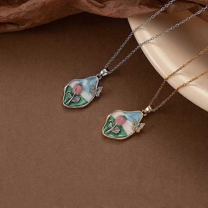 Pastel Bloom Enamel Pendant Necklace | Gold-Plated Artistic Floral Design