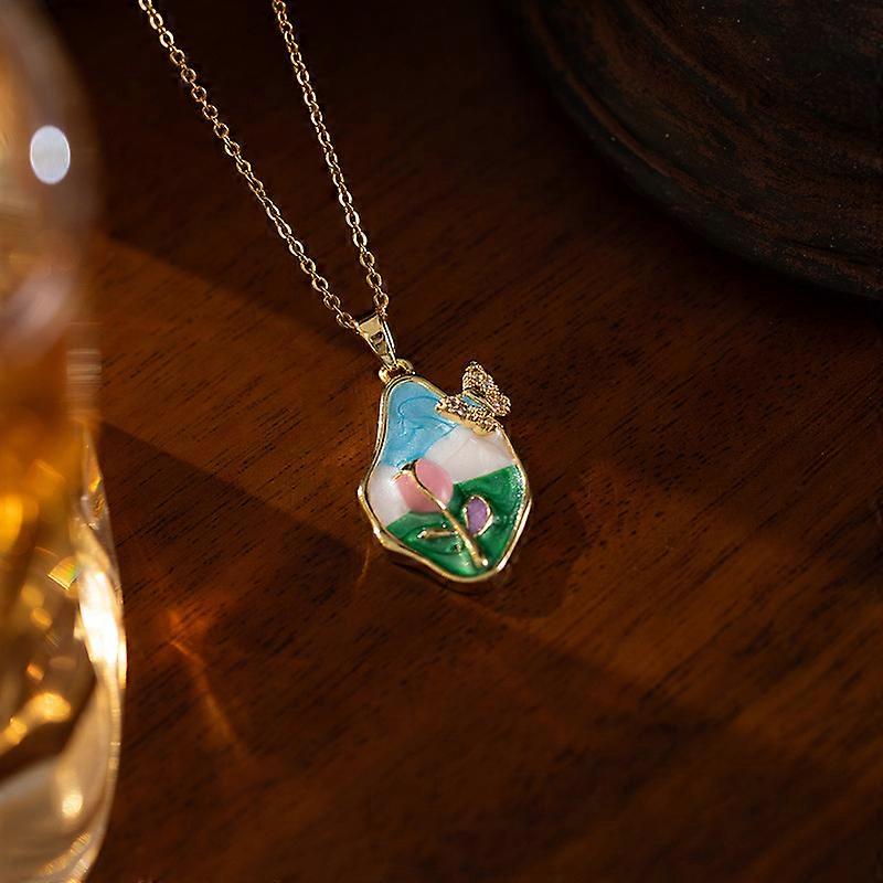 Pastel Bloom Enamel Pendant Necklace | Gold-Plated Artistic Floral Design
