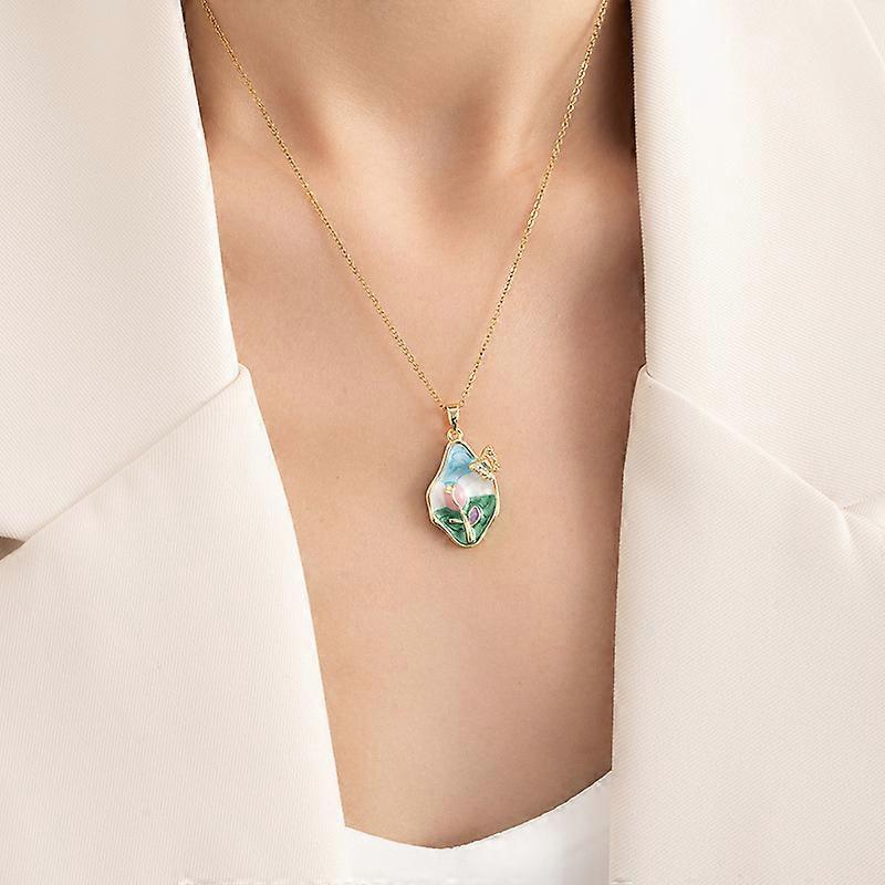 Pastel Bloom Enamel Pendant Necklace | Gold-Plated Artistic Floral Design