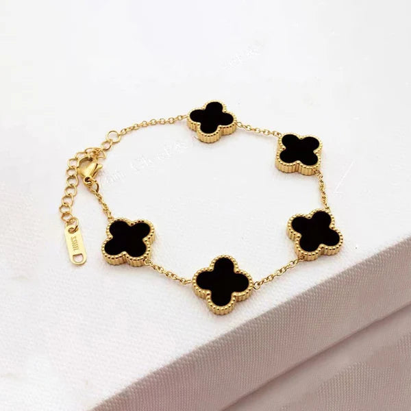 Stainless Steel Gold-Plated Black Clover Bracelet | Anti-Tarnish Elegant Jewelry for Girls & Women