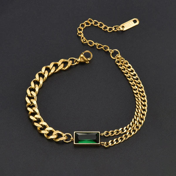 Gold-Plated Anti Tarnish Dual Chain Bracelet with Emerald Green Rectangular Stone