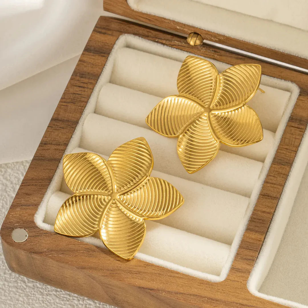 Gold Textured Petal Statement Earrings | Floral Design, Stainless Steel, Anti-Tarnish, Waterproof & Hypoallergenic