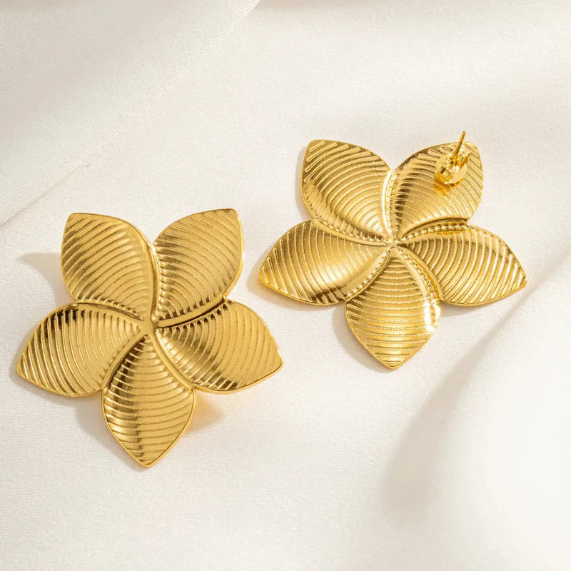 Gold Textured Petal Statement Earrings | Floral Design, Stainless Steel, Anti-Tarnish, Waterproof & Hypoallergenic