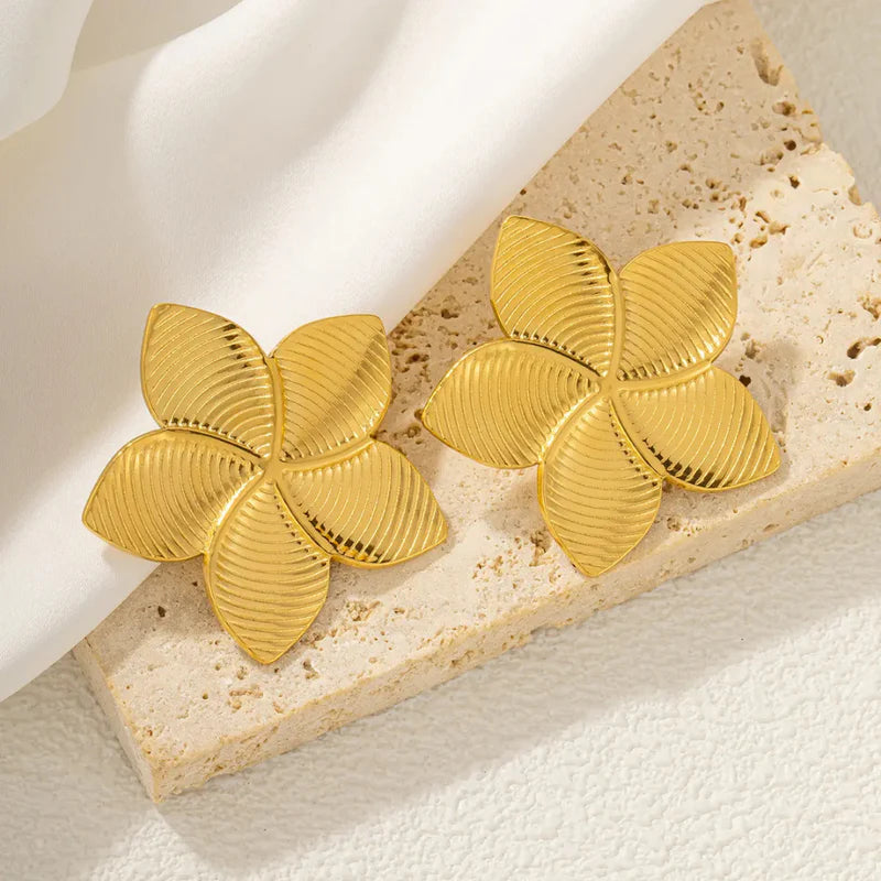Gold Textured Petal Statement Earrings | Floral Design, Stainless Steel, Anti-Tarnish, Waterproof & Hypoallergenic