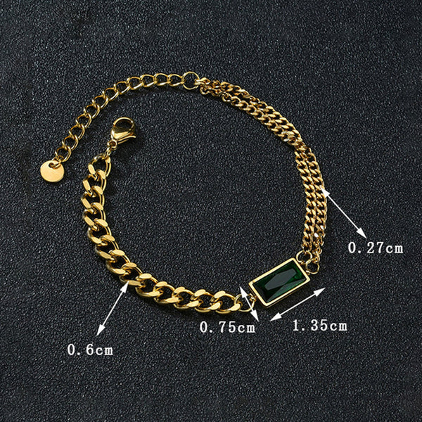Gold-Plated Anti Tarnish Dual Chain Bracelet with Emerald Green Rectangular Stone