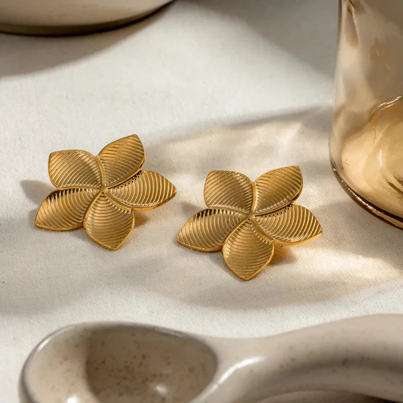 Gold Textured Petal Statement Earrings | Floral Design, Stainless Steel, Anti-Tarnish, Waterproof & Hypoallergenic