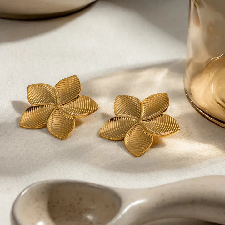 Gold Textured Petal Statement Earrings | Floral Design, Stainless Steel, Anti-Tarnish, Waterproof & Hypoallergenic