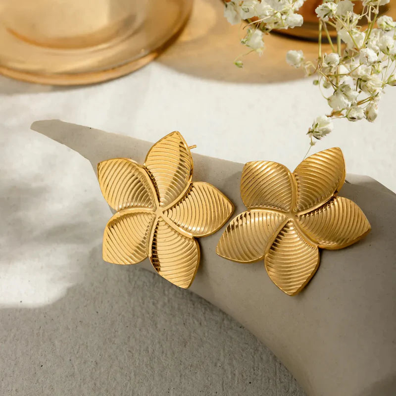 Gold Textured Petal Statement Earrings | Floral Design, Stainless Steel, Anti-Tarnish, Waterproof & Hypoallergenic