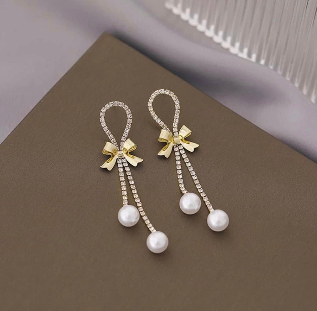 Crystal Bow Pearl Drop Earrings | Gold-Plated Elegant Dangler with Rhinestones