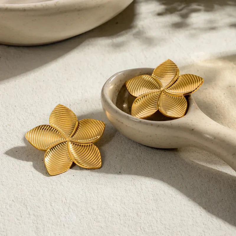 Gold Textured Petal Statement Earrings | Floral Design, Stainless Steel, Anti-Tarnish, Waterproof & Hypoallergenic