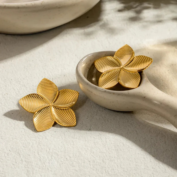 Gold Textured Petal Statement Earrings | Floral Design, Stainless Steel, Anti-Tarnish, Waterproof & Hypoallergenic