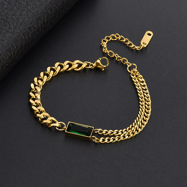 Gold-Plated Anti Tarnish Dual Chain Bracelet with Emerald Green Rectangular Stone