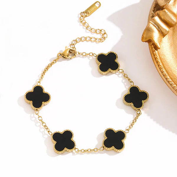 Stainless Steel Gold-Plated Black Clover Bracelet | Anti-Tarnish Elegant Jewelry for Girls & Women