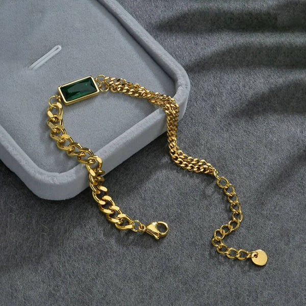 Gold-Plated Anti Tarnish Dual Chain Bracelet with Emerald Green Rectangular Stone