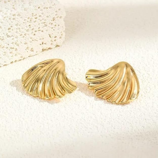 Gold Shell Stud Earrings | Textured Design, Stainless Steel, Anti-Tarnish, Waterproof & Hypoallergenic