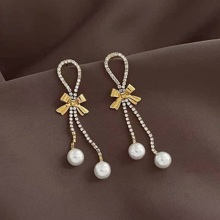 Crystal Bow Pearl Drop Earrings | Gold-Plated Elegant Dangler with Rhinestones