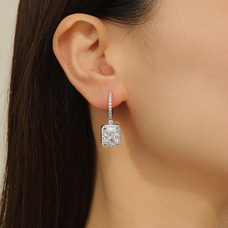 Silver Rectangle Crystal Drop Huggie Earrings
