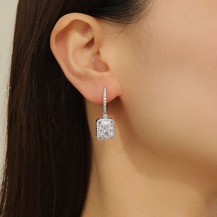 Silver Rectangle Crystal Drop Huggie Earrings