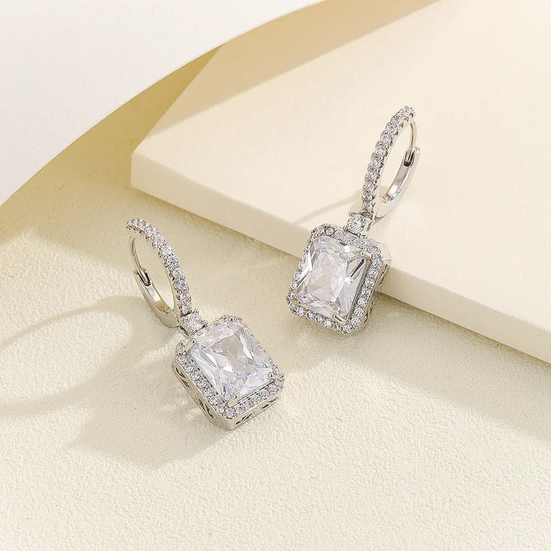 Silver Rectangle Crystal Drop Huggie Earrings