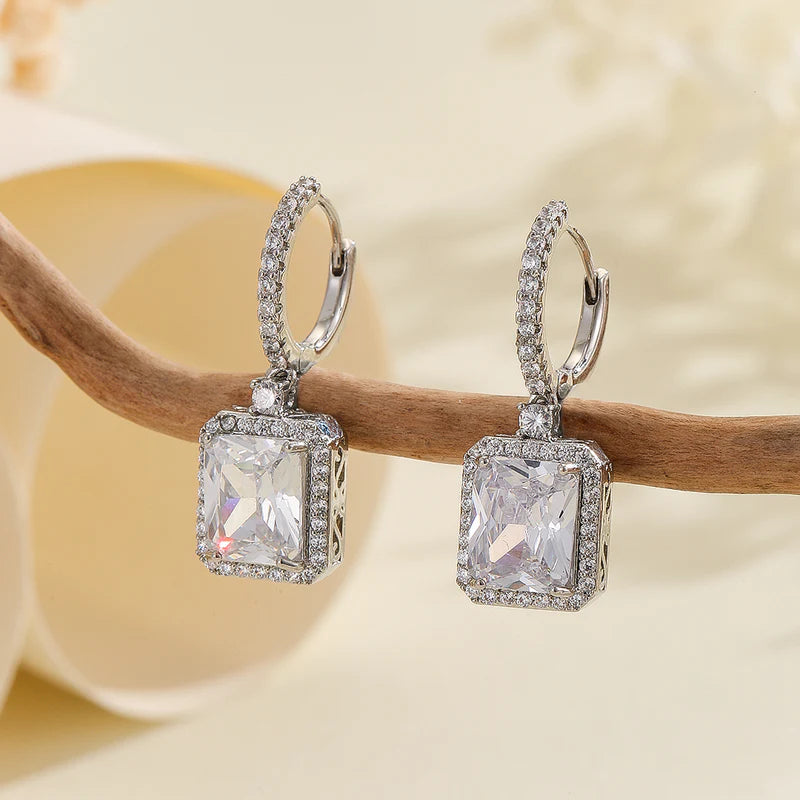 Silver Rectangle Crystal Drop Huggie Earrings