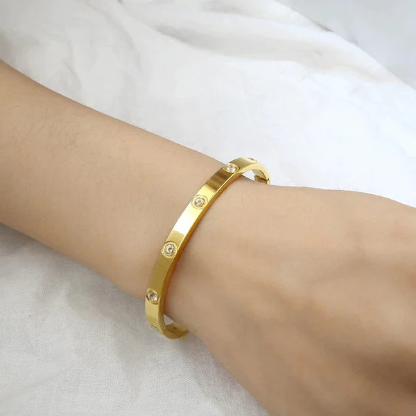 Stainless Steel Contemporary Gold-Plated Love AD Bracelet | Anti-Tarnish Cartier-Inspired Design for Women