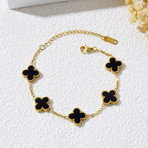 Stainless Steel Gold-Plated Black Clover Bracelet | Anti-Tarnish Elegant Jewelry for Girls & Women
