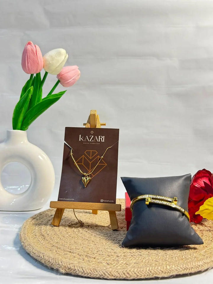 Golden Heart Elegance Necklace & Crystal Bar Bracelet Set