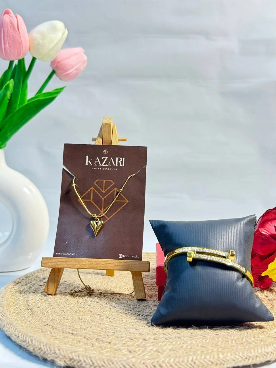 Golden Heart Elegance Necklace & Crystal Bar Bracelet Set
