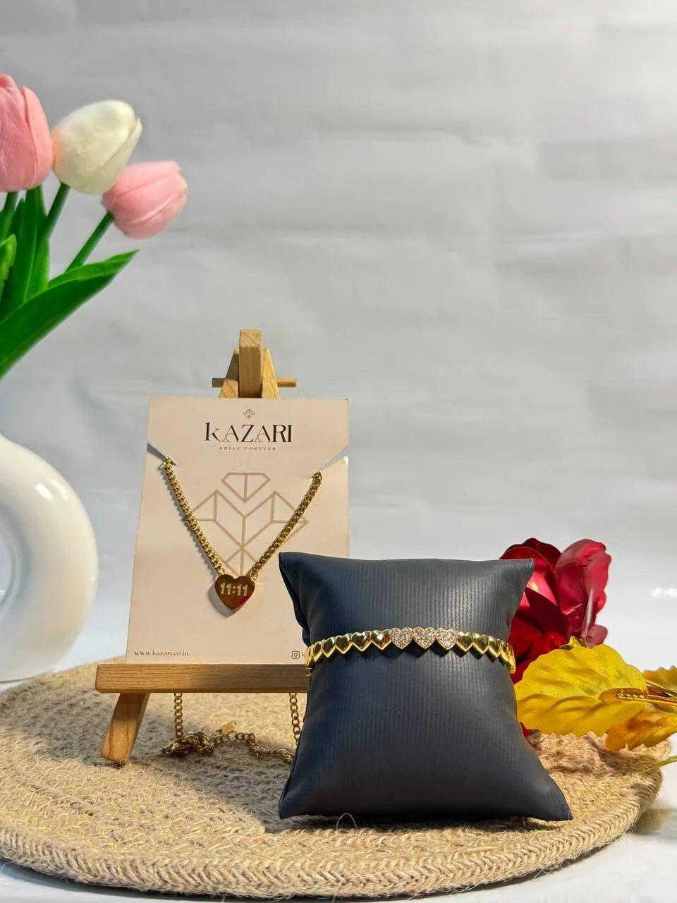 11:11 Heart Charm Necklace & Heart Link Bracelet – Golden Anti-Tarnish Set