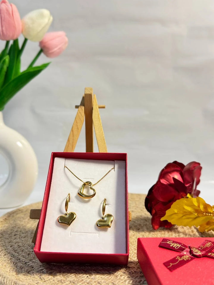 Golden Heart Charm Necklace & Earrings Gift Set