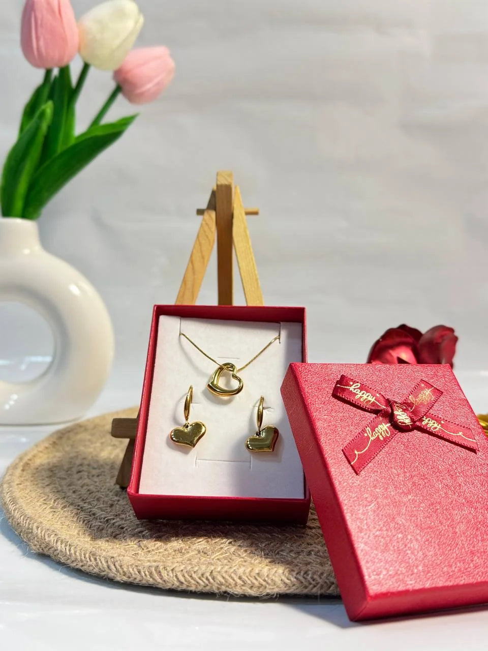 Golden Heart Charm Necklace & Earrings Gift Set