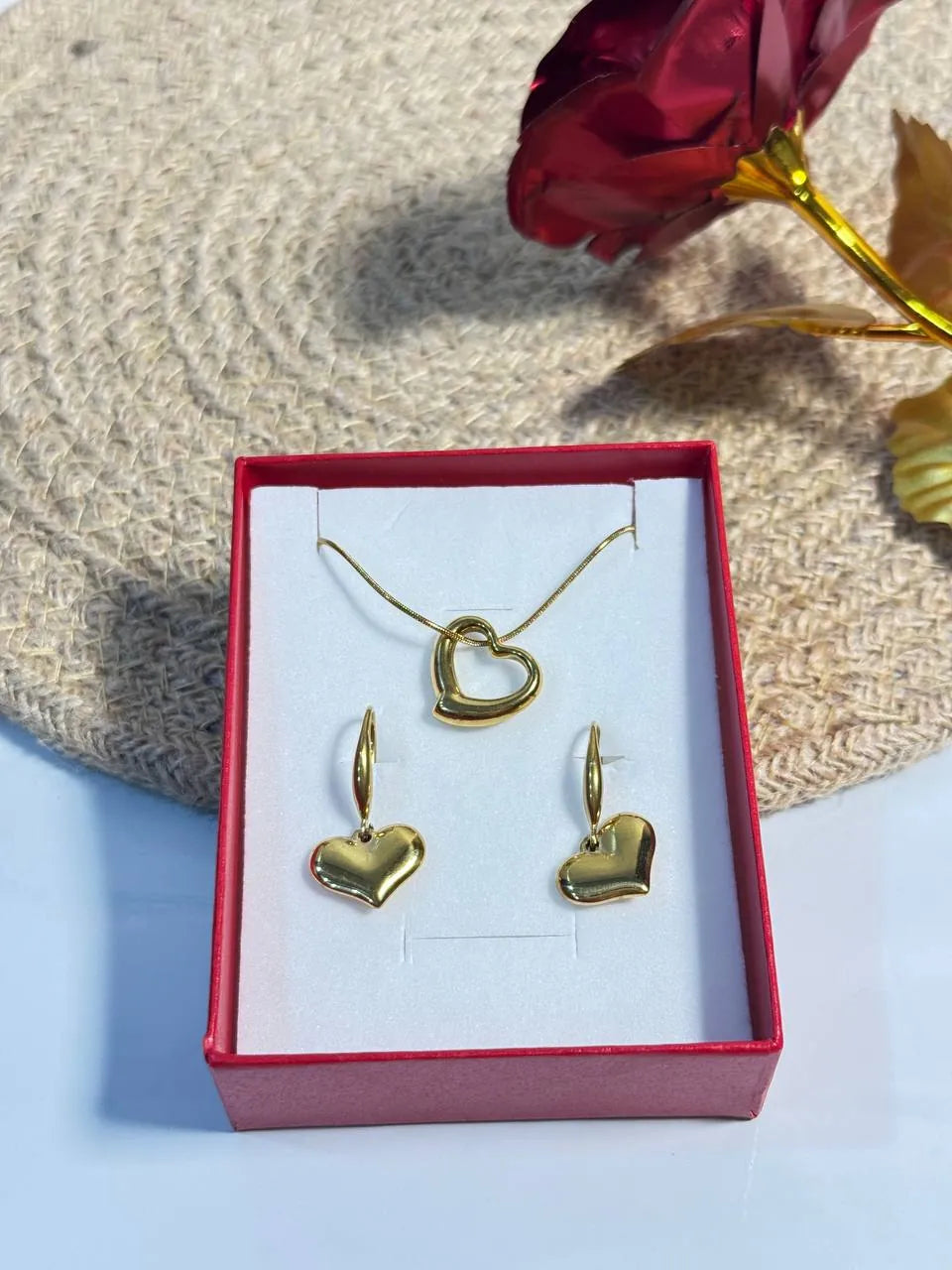 Golden Heart Charm Necklace & Earrings Gift Set
