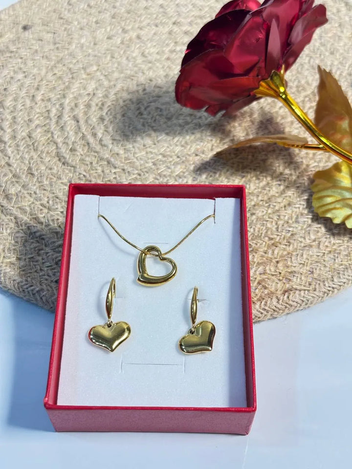 Golden Heart Charm Necklace & Earrings Gift Set