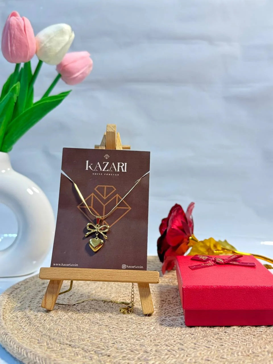 Golden Bow Heart Charm Necklace & Earrings Set