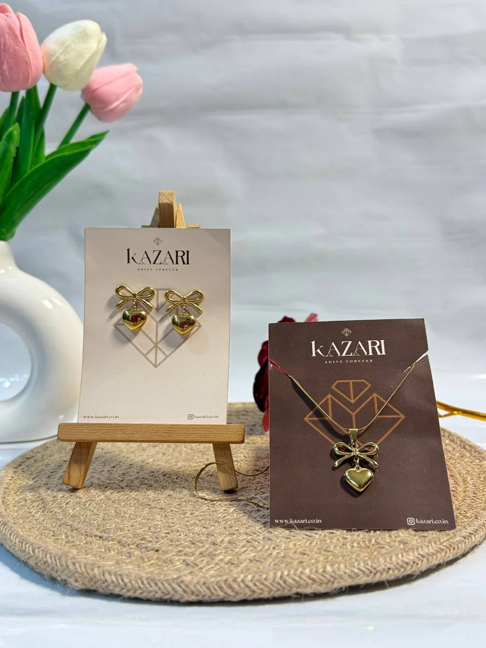 Golden Bow Heart Charm Necklace & Earrings Set