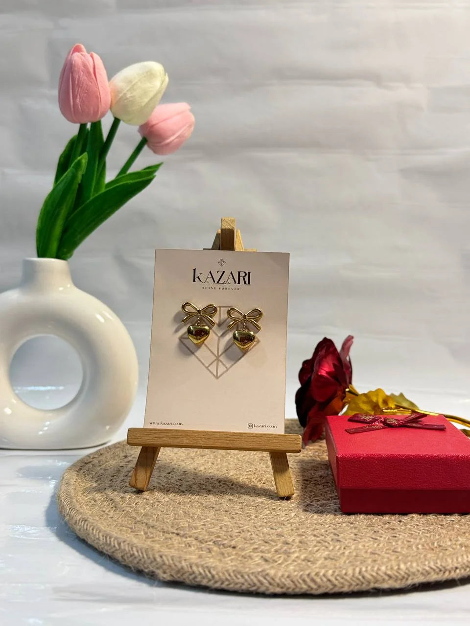 Golden Bow Heart Charm Necklace & Earrings Set
