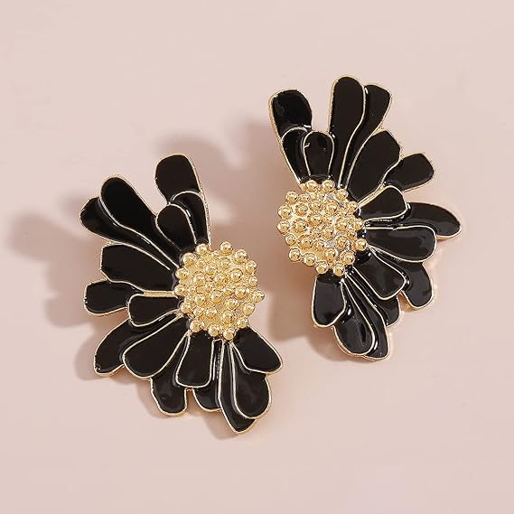 Black Enamel Bloom Earrings | Gold-Toned Floral Statement Studs