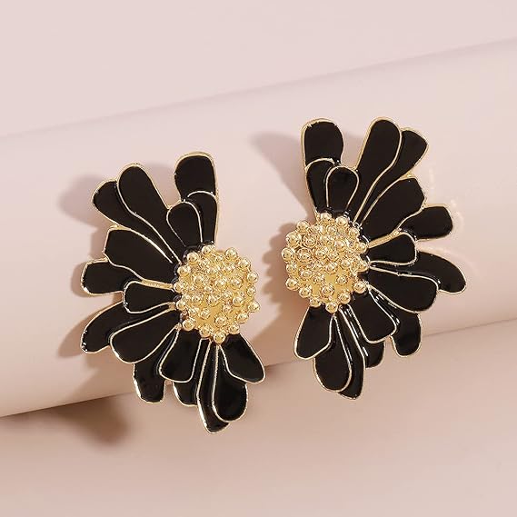 Black Enamel Bloom Earrings | Gold-Toned Floral Statement Studs