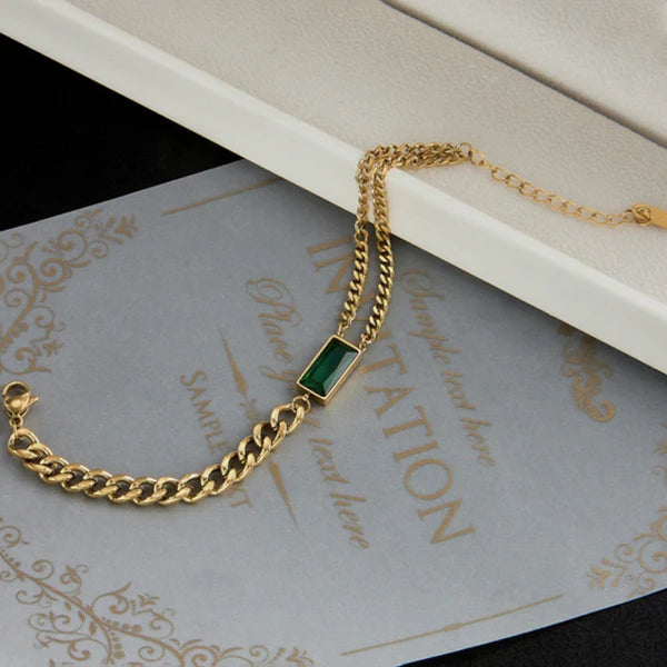 Gold-Plated Anti Tarnish Dual Chain Bracelet with Emerald Green Rectangular Stone