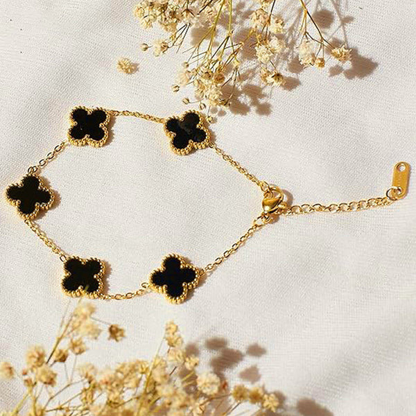 Stainless Steel Gold-Plated Black Clover Bracelet | Anti-Tarnish Elegant Jewelry for Girls & Women