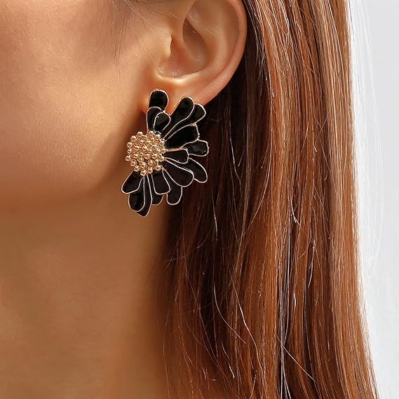 Black Enamel Bloom Earrings | Gold-Toned Floral Statement Studs