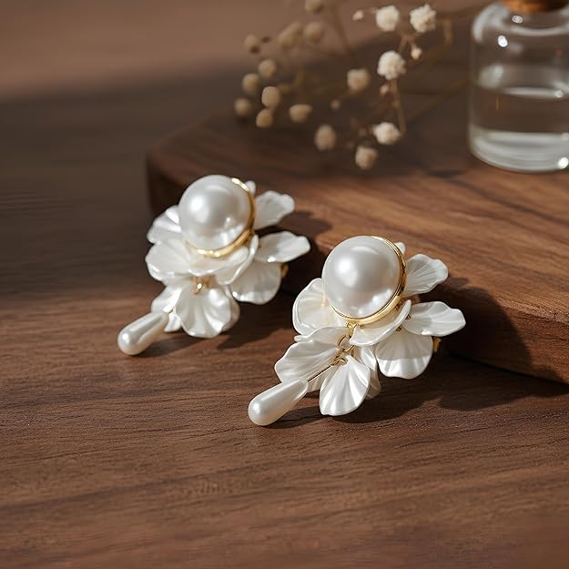 Pearl Blossom Layered Floral Earrings | Mother-of-Pearl Petals, Elegant Drop Design
