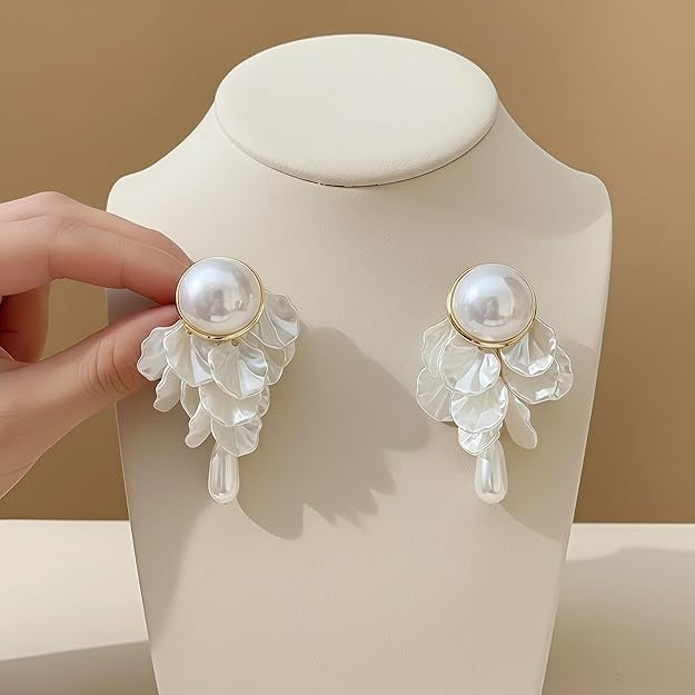 Pearl Blossom Layered Floral Earrings | Mother-of-Pearl Petals, Elegant Drop Design