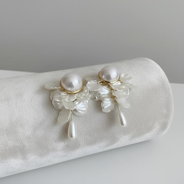 Pearl Blossom Layered Floral Earrings | Mother-of-Pearl Petals, Elegant Drop Design